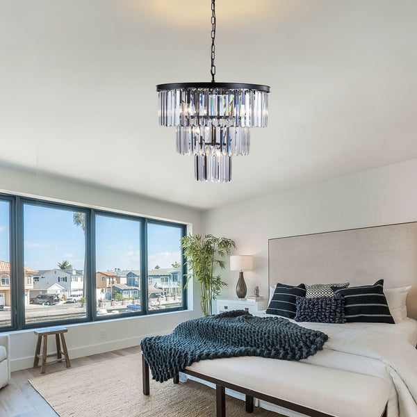 English Elm (NEW 20" Modern Crystal Chandelier) 7-Light Black 3-Tier K9 Pendant Light for Dining Room, Living Room, Foyer W1340102277