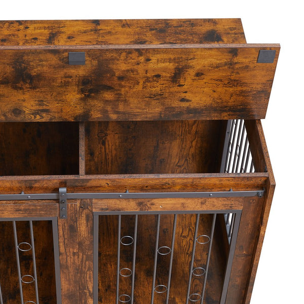 English Elm Sliding Sliding Door Dog Cage with Partition for Two Puppies Rustic Brown & Black, Dual-Furniture Crate 39.37" W sturdy tabletop storage, fits medium dogs up to 75 lb W1162103688