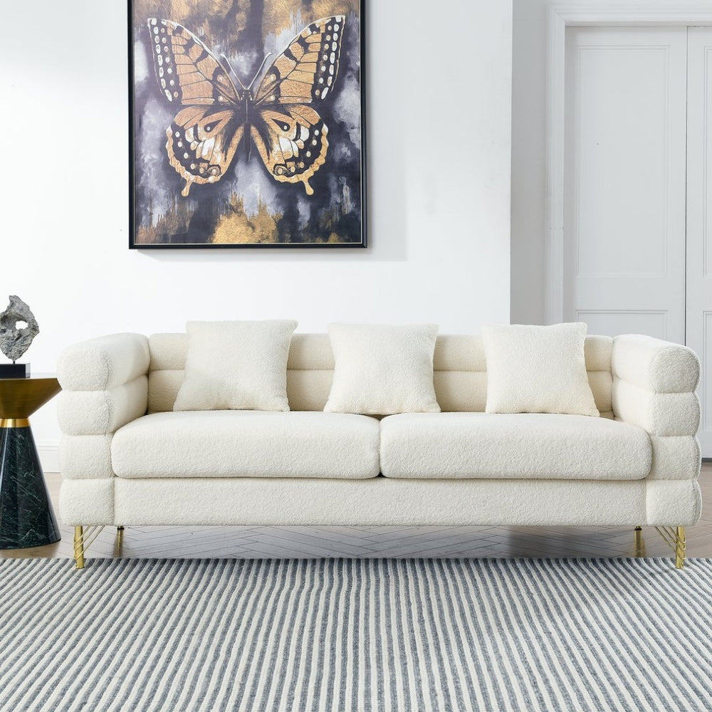 English Elm 81 Inch Art Deco Teddy Fabric Sectional Sofa with Gold Legs and Three Plush Pillows W834S00651
