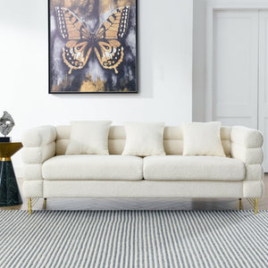 English Elm 81 Inch Art Deco Teddy Fabric Sectional Sofa with Gold Legs and Three Plush Pillows W834S00651