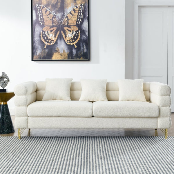 English Elm 81 Inch Art Deco Teddy Fabric Sectional Sofa with Gold Legs and Three Plush Pillows W834S00651