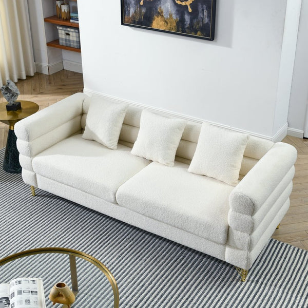 English Elm 81 Inch Art Deco Teddy Fabric Sectional Sofa with Gold Legs and Three Plush Pillows W834S00651