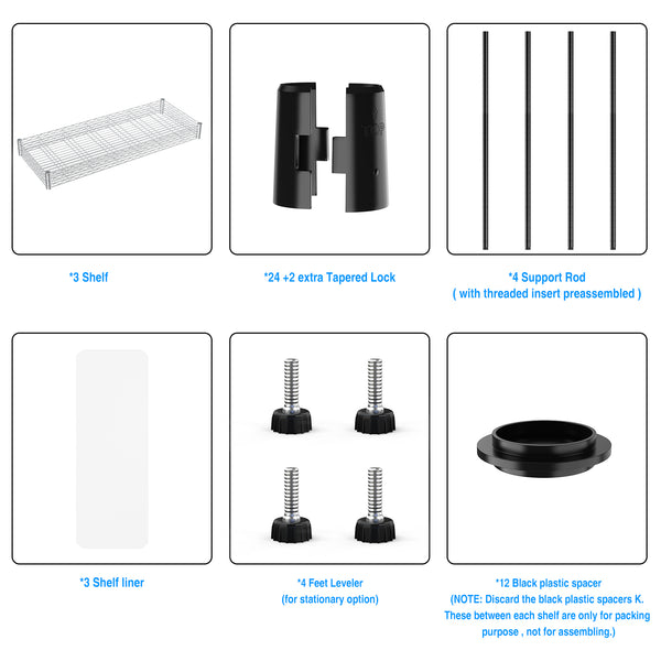 English Elm 3 3-Tier Heavy Duty Wire Shelving Unit, NSF Certified 1050 lb Capacity, Adjustable Shelves & Feet Chrome W155091055