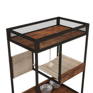 English Elm Corner Cat Tower with Feeding Cabinet Sisal Post and Climbing Platforms for Indoor Pets W1687106558
