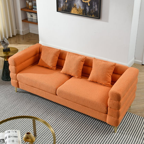 English Elm 3-Seater Soft Orange Teddy Fabric Sofa Set With 5 Pillows - Stylish Comfort For Home Living Spaces W834S00167
