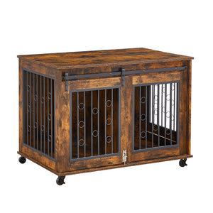 English Elm Sliding Sliding Door Dog Cage with Partition for Two Puppies Rustic Brown & Black, Dual-Furniture Crate 39.37" W sturdy tabletop storage, fits medium dogs up to 75 lb W1162103688