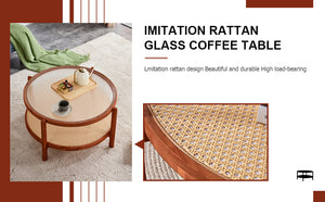 English Elm Modern round rattan coffee table with glass top, PE rattan lower shelf, solid wood frame, Japanese charm W1151104956
