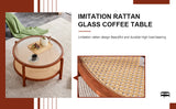 English Elm Modern Minimalist Circular Double-Layer Solid Wood Coffee Table, Craft Glass Tabletop, Second Layer Material: Pe Rattan, Solid Wood Frame. 34.6 '* 34.6' * 17.7''