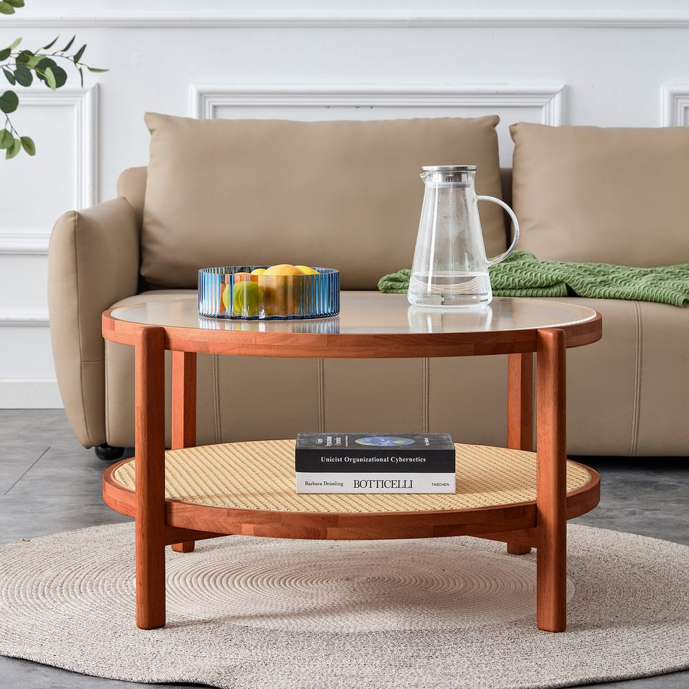 English Elm Modern round rattan coffee table with glass top, PE rattan lower shelf, solid wood frame, Japanese charm W1151104956