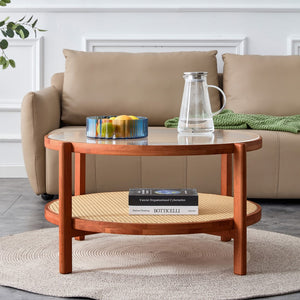 English Elm Modern Minimalist Circular Double-Layer Solid Wood Coffee Table, Craft Glass Tabletop, Second Layer Material: Pe Rattan, Solid Wood Frame. 34.6 '* 34.6' * 17.7''