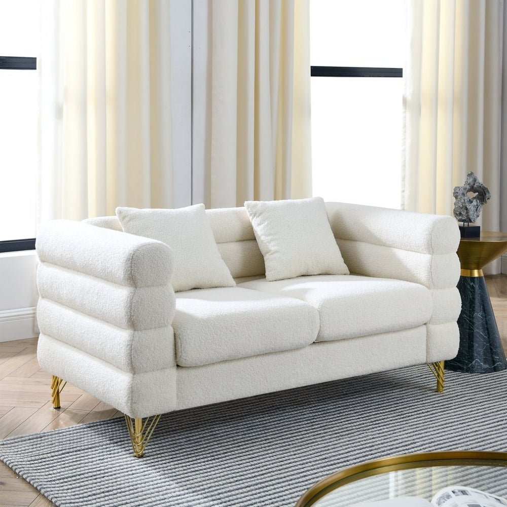 English Elm 60inch Art Deco Sectional Sofa Ivory Teddy Fabric Deep Seating Gold Leg Accent W834S00650