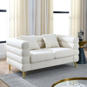 English Elm 60inch Art Deco Sectional Sofa Ivory Teddy Fabric Deep Seating Gold Leg Accent W834S00650