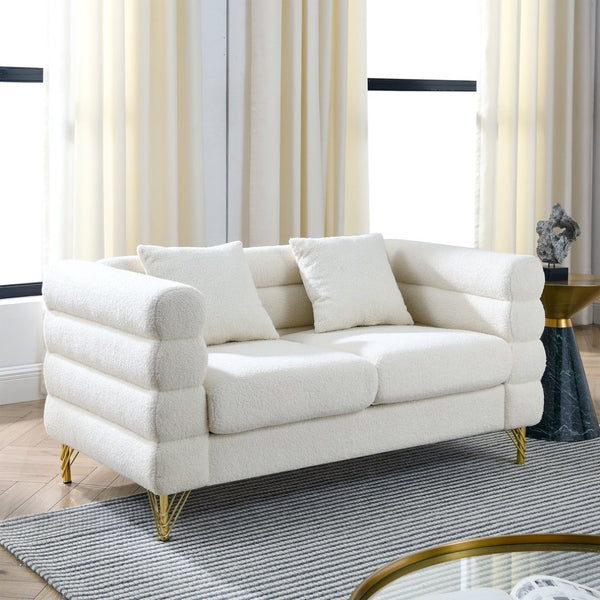 English Elm 60inch Art Deco Sectional Sofa Ivory Teddy Fabric Deep Seating Gold Leg Accent W834S00650
