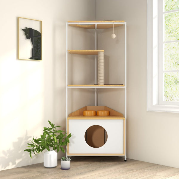 English Elm Corner Cat Tower with Feeding Cabinet Sisal Post and Climbing Platforms for Indoor Pets W1687106555