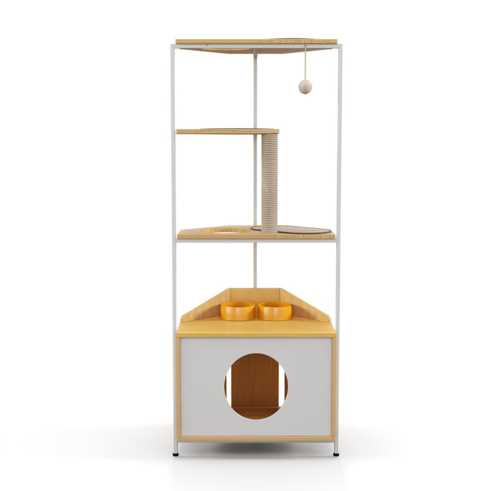 English Elm Corner Cat Tower with Feeding Cabinet Sisal Post and Climbing Platforms for Indoor Pets W1687106555