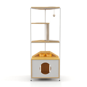 English Elm Corner Cat Tower with Feeding Cabinet Sisal Post and Climbing Platforms for Indoor Pets W1687106555