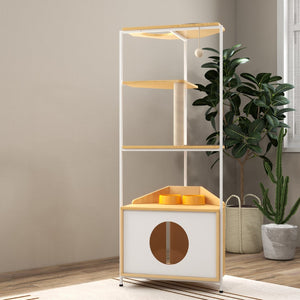 English Elm Corner Cat Tower with Feeding Cabinet Sisal Post and Climbing Platforms for Indoor Pets W1687106555