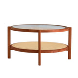 English Elm Modern Minimalist Circular Double-Layer Solid Wood Coffee Table, Craft Glass Tabletop, Second Layer Material: Pe Rattan, Solid Wood Frame. 34.6 '* 34.6' * 17.7''