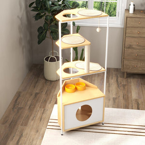 English Elm Corner Cat Tower with Feeding Cabinet Sisal Post and Climbing Platforms for Indoor Pets W1687106555
