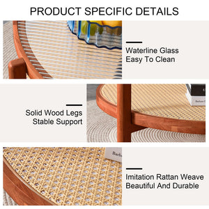 English Elm Modern round rattan coffee table with glass top, PE rattan lower shelf, solid wood frame, Japanese charm W1151104956
