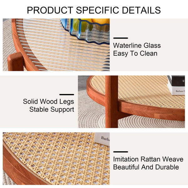 English Elm Modern round rattan coffee table with glass top, PE rattan lower shelf, solid wood frame, Japanese charm W1151104956