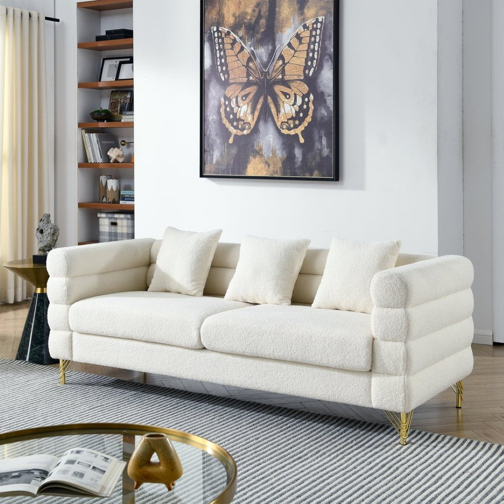 English Elm 81 Inch Art Deco Teddy Fabric Sectional Sofa with Gold Legs and Three Plush Pillows W834S00651