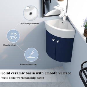 English Elm Corner Wall-Mount Vanity Sink Combo – Space-Saving Ceramic Basin, Soft-Close Door, Durable Plywood Finish W99990112