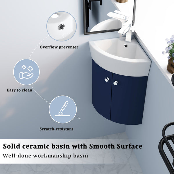 English Elm Corner Wall-Mount Vanity Sink Combo – Space-Saving Ceramic Basin, Soft-Close Door, Durable Plywood Finish W99990112