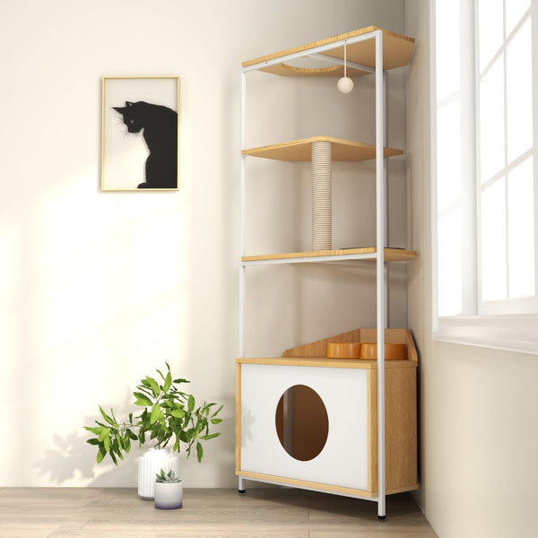 English Elm Corner Cat Tower with Feeding Cabinet Sisal Post and Climbing Platforms for Indoor Pets W1687106555