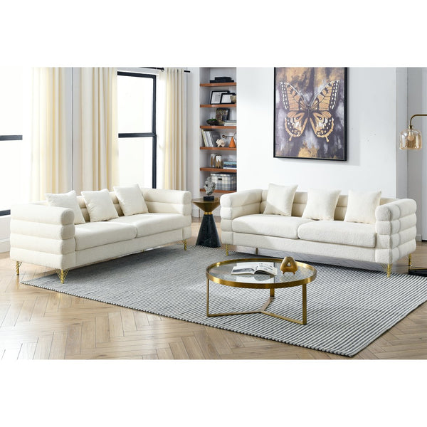 English Elm 3-Seater Ivory Teddy Sofa Set - Modern Plush Comfort With Gold Legs For Stylish Living Room Seating W834S00464