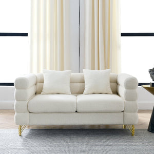 English Elm 60inch Art Deco Sectional Sofa Ivory Teddy Fabric Deep Seating Gold Leg Accent W834S00650