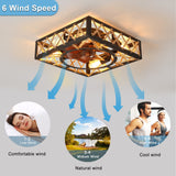 English Elm Farmhouse Rustic Ceiling Fan and Remote Control,Square Caged Industrial Ceiling Fixture With 6 Speeds & Noiseless Dc Motor For Kitchen Dining Room Living Room Bedroom