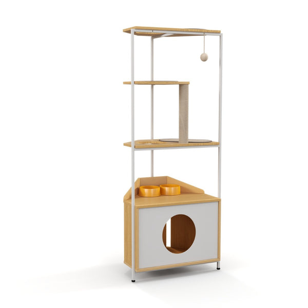 English Elm Corner Cat Tower with Feeding Cabinet Sisal Post and Climbing Platforms for Indoor Pets W1687106555