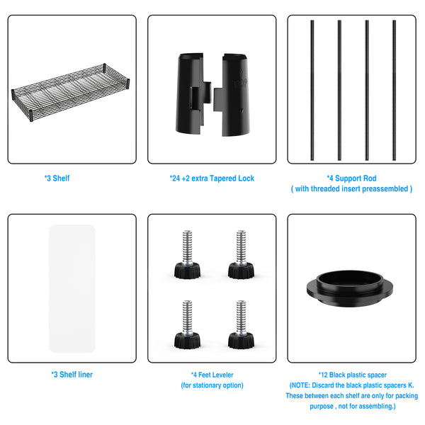 English Elm 3 3-Tier Heavy Duty Wire Shelving Unit, NSF Certified 1050 lb Capacity, Adjustable Shelves & Feet Black W155091053