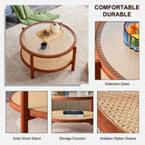 English Elm Modern Minimalist Circular Double-Layer Solid Wood Coffee Table, Craft Glass Tabletop, Second Layer Material: Pe Rattan, Solid Wood Frame. 34.6 '* 34.6' * 17.7''