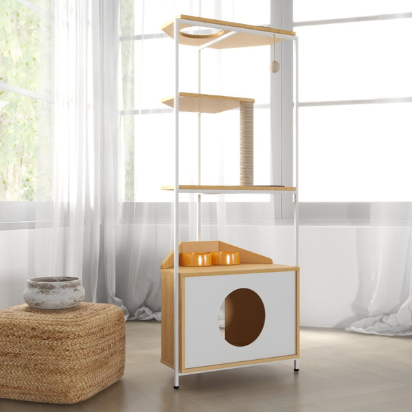 English Elm Corner Cat Tower with Feeding Cabinet Sisal Post and Climbing Platforms for Indoor Pets W1687106555