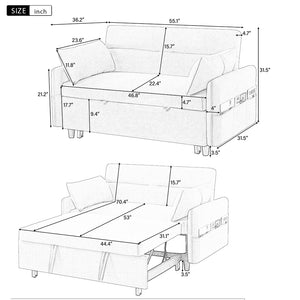 English Elm 55.1" Pull Out Sleep Sofa Bed Loveseats Sofa Couch With Adjsutable Backrest, Storage Pockets, 2 Soft Pillows, Usb Ports For Living Room, Bedroom, Apartment, Office,Grey (Old Sku:Wf315689Aae)