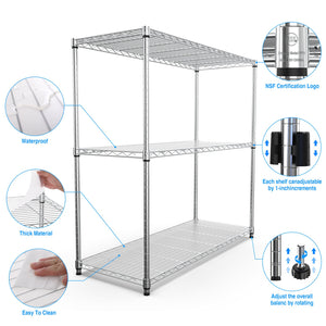 English Elm 3 3-Tier Heavy Duty Wire Shelving Unit, NSF Certified 1050 lb Capacity, Adjustable Shelves & Feet Chrome W155091055