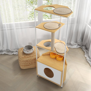 English Elm Corner Cat Tower with Feeding Cabinet Sisal Post and Climbing Platforms for Indoor Pets W1687106555