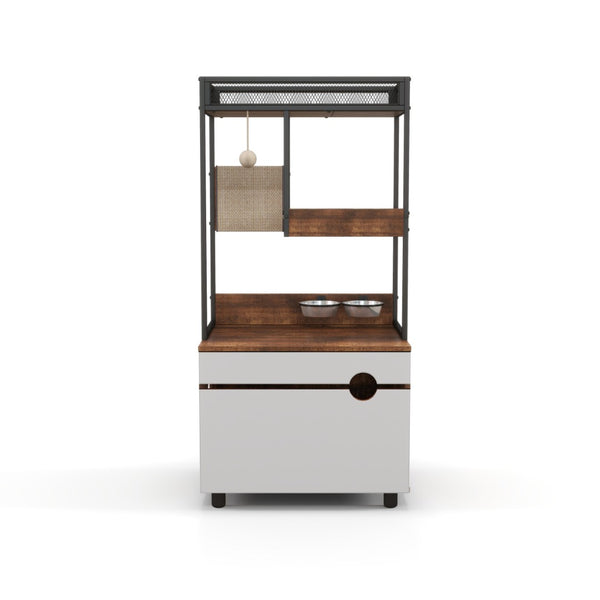 English Elm Corner Cat Tower with Feeding Cabinet Sisal Post and Climbing Platforms for Indoor Pets W1687106558