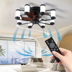 English Elm 21.7 Inch Ceiling Fan Light - Windmill-Shaped Flush Mount Ceiling Fan With Light With Remote Control and Timer,Black