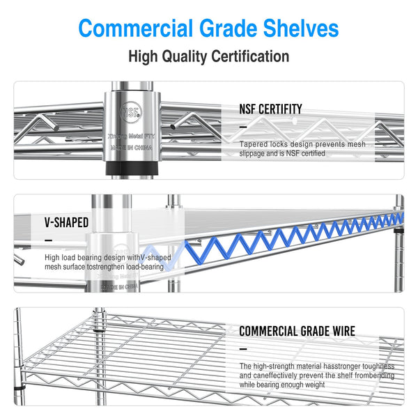 English Elm 3 3-Tier Heavy Duty Wire Shelving Unit, NSF Certified 1050 lb Capacity, Adjustable Shelves & Feet Chrome W155091055