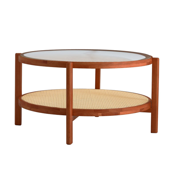 English Elm Modern round rattan coffee table with glass top, PE rattan lower shelf, solid wood frame, Japanese charm W1151104956