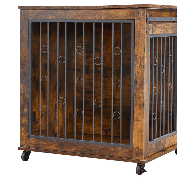 English Elm Sliding Sliding Door Dog Cage with Partition for Two Puppies Rustic Brown & Black, Dual-Furniture Crate 39.37" W sturdy tabletop storage, fits medium dogs up to 75 lb W1162103688
