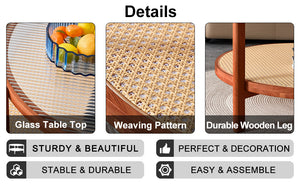 English Elm Modern round rattan coffee table with glass top, PE rattan lower shelf, solid wood frame, Japanese charm W1151104956