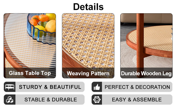 English Elm Modern round rattan coffee table with glass top, PE rattan lower shelf, solid wood frame, Japanese charm W1151104956