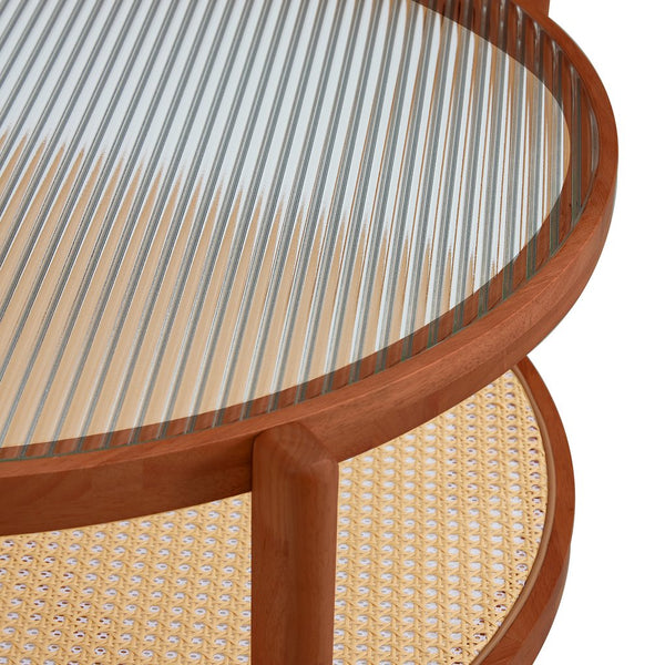 English Elm Modern round rattan coffee table with glass top, PE rattan lower shelf, solid wood frame, Japanese charm W1151104956