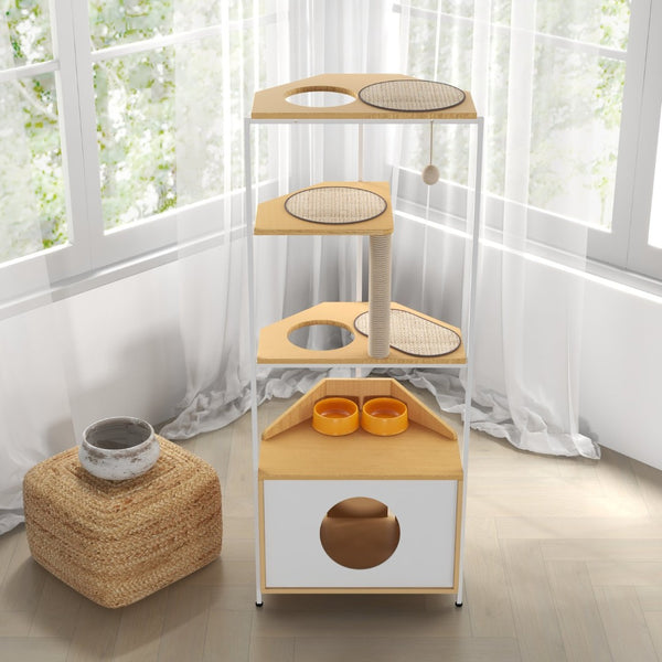 English Elm Corner Cat Tower with Feeding Cabinet Sisal Post and Climbing Platforms for Indoor Pets W1687106555