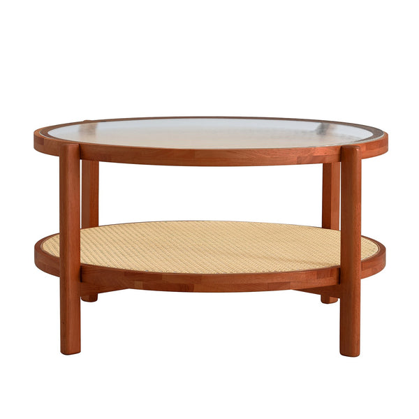English Elm Modern round rattan coffee table with glass top, PE rattan lower shelf, solid wood frame, Japanese charm W1151104956