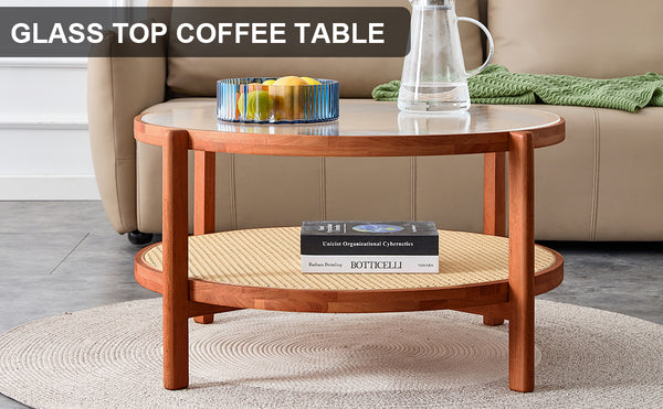 English Elm Modern round rattan coffee table with glass top, PE rattan lower shelf, solid wood frame, Japanese charm W1151104956